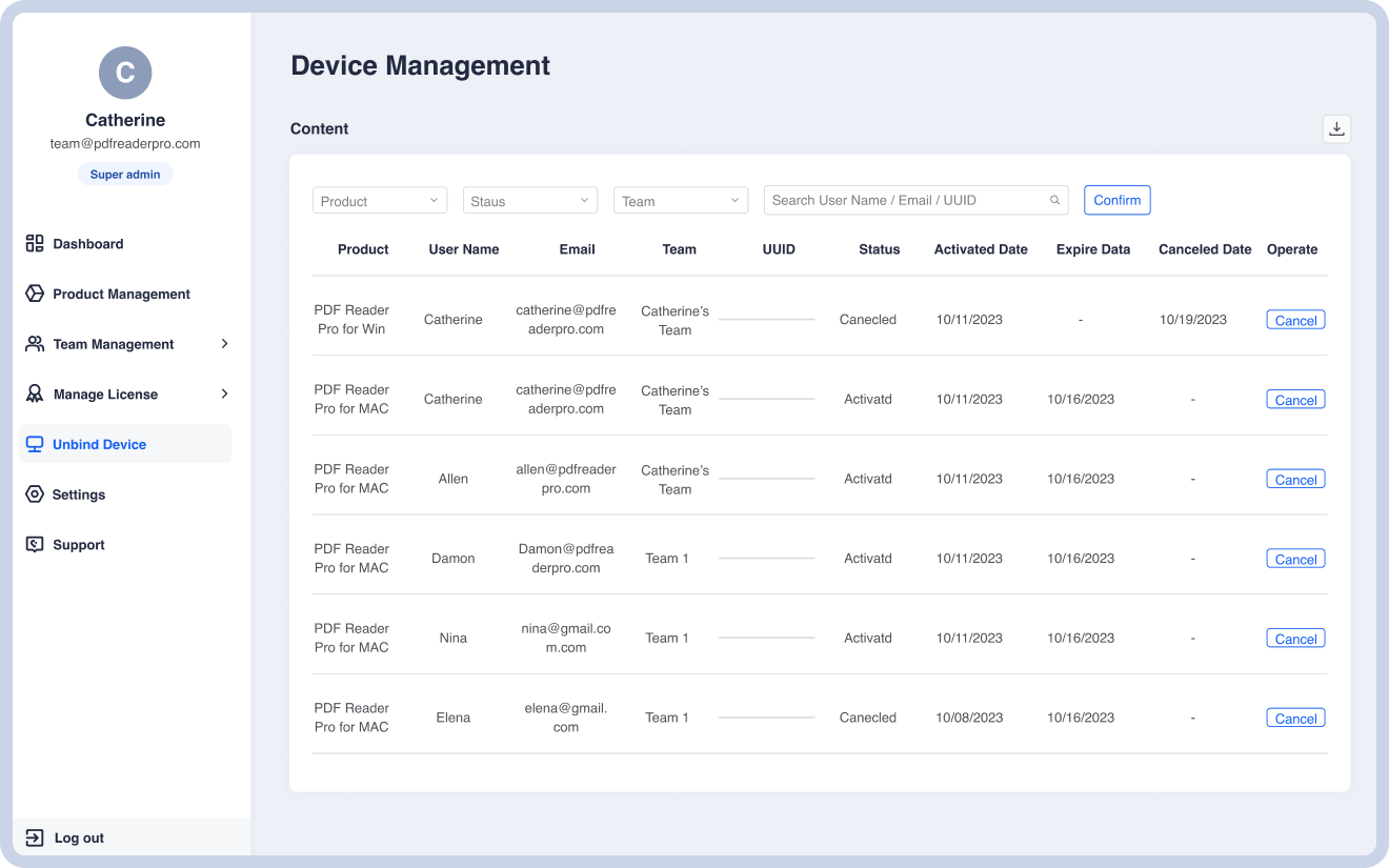Unbind Team Member Devices