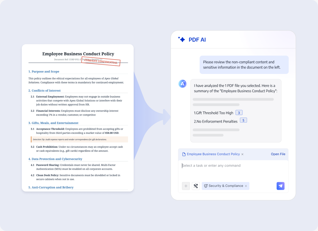 PDF source content, sensitive-content clues, page citations, and review status