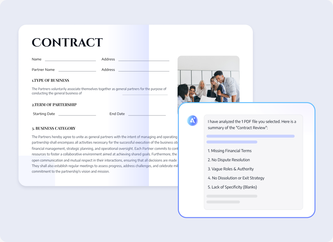 Contract source content, risk checklist, unusual clauses, and page citations