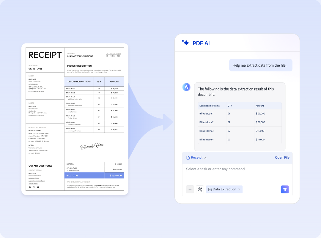 PDF source content, extraction requirements, structured fields, and source locations